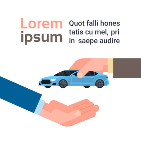 Car Purchase Sale Or Rental Concept, Seller Man Hand Giving Vechicle To Owner Flat Vector Illustrationのイラスト素材