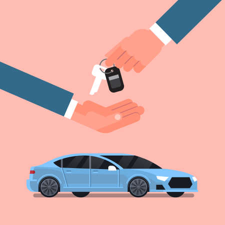 Car Purchase Sale Or Rental Concept, Seller Man Hand Giving Keys To Owner Over New Vechicle Flat Vector Illustrationのイラスト素材