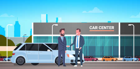 Car Showroom Background, Purchase Sale Or Rental Center Seller Man Giving Keys To Owner Flat Vector Illustrationのイラスト素材