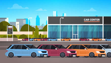 New Vechicles Over Car Dealership Center Showroom Building Flat Vector Illustrationのイラスト素材
