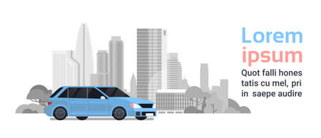 New Vechicle Over Silhouette City Buildings Background With Copy Space Vector Illustrationのイラスト素材