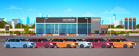 New Vehicles Car Dealer Center Showroom Building Flat Vector Illustrationのイラスト素材