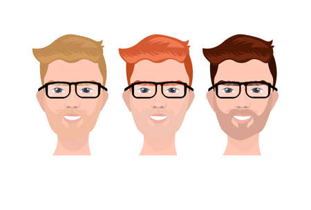 Set Of Man Faces In Glasses Profile Icon Guy Avatar Flat Vector Illustrationのイラスト素材