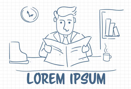 Doodle Business Man Reading Newspaper In Office Hand Drawn Background With Copy Space Vector Illustrationのイラスト素材