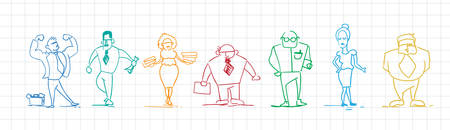 Set Of Colorful Doodle Business People Hand Drawn Businessmen And Businesswomen Vector Illustrationのイラスト素材