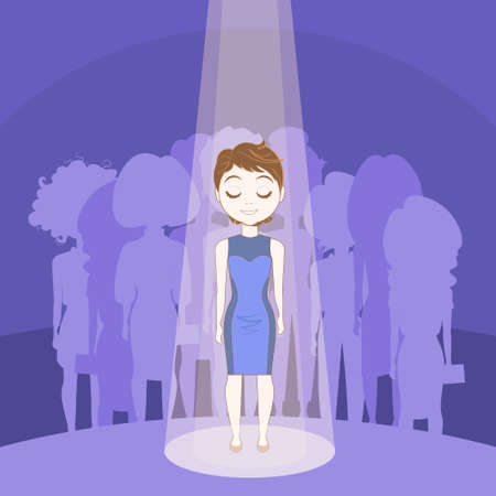 Young Woman Standing Out Crowd In Spot Light Over Silhouette People Group Background Vector Illustrationのイラスト素材