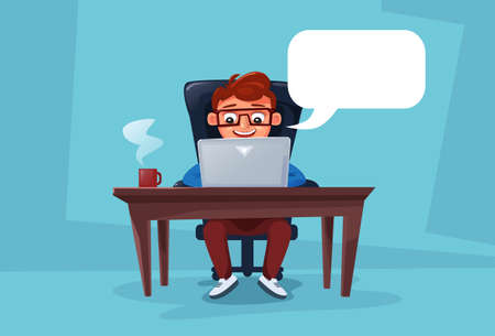 Man Working On Laptop Computer Sitting At Desk Flat Vector Illustrationのイラスト素材