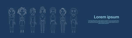Group Of Sketch Young Woman Cute Girls Outline Full Length On Background With Copy Space Vector Illustrationのイラスト素材