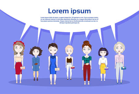 Group Of Young Woman Cute Girls Over Chat Bubble Background With Copy Space Vector Illustrationのイラスト素材