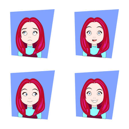 Cute Girl With Different Facial Emotions Set Of Young Red Hair Woman Face Expressions Vector Illustrationのイラスト素材