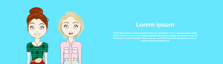 Two Young Girls Over Blue Horizontal Background Vector Illustrationのイラスト素材