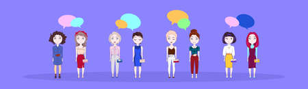 Group of Young Women with Colorful Chat Bubbles on Horizontal Banner Vector Illustrationのイラスト素材