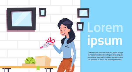 Woman Holding Positive Prenancy Test With Red Ribbon Bow Over Background With Copy Space Flat Vector Illustrationのイラスト素材