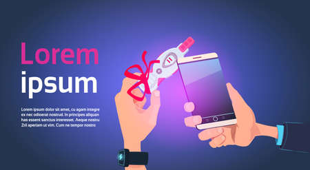 Hand Holding Positive Prenancy Test With Red Ribbon Bow And Smart Phone Over Template Background Flat Vector Illustrationのイラスト素材