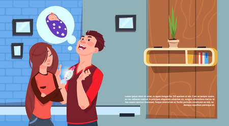 Happy Woman Showing Man Positive Pregnancy Test Young Family Planning Parenthood Flat Vector Illustrationのイラスト素材