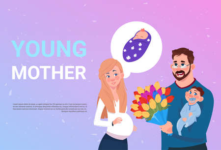 Young Mother Pregnant Woman With Husband Holding Flowers And Small Son Over Background With Copy Space Flat Vector Illustrationのイラスト素材