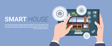 Template Banner Modern Smart Home Technology Concept, Home System Of Control Security And Automation Flat Vector Illustrationのイラスト素材