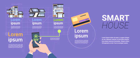 Smart Home Modern Technology On Control System Concept With Hands Holding Smartphone Flat  Illustrationのイラスト素材