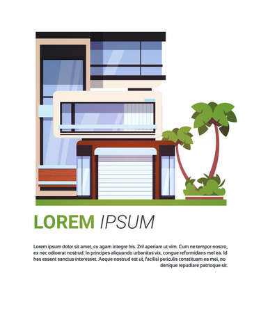 Modern house design villa exterior real estate building isolated on background with copy space flat vector illustrationのイラスト素材