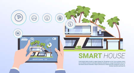 Smart home control technology concept with hands holding tablet device flat vector illustrationのイラスト素材