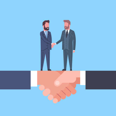 Two Businessmen Shaking Hands, Business Agreement And Partnership Concept Flat  Illustrationのイラスト素材