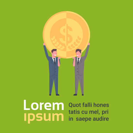 Two Businessman Holding Golden Dollar Coin, Financial Success Concept Flat Illustrationのイラスト素材