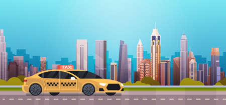 Yellow Taxi Car Cab On Road Over Modern City Background Flat Illustrationのイラスト素材