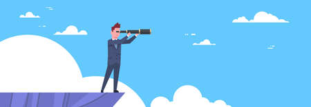 Businessman With Telescope Looking For Success, Opportunities, Business From Mountain Top, Vision Concept Flat Illustrationのイラスト素材