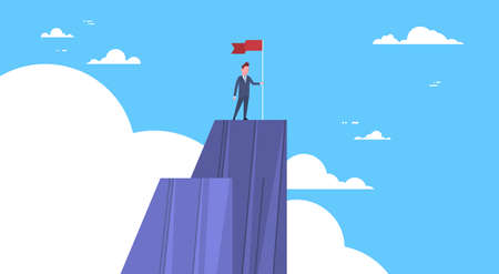 Businessman Climbed Mountain, Leader Businessman On Top Concept Of Win And Success Flat Illustrationのイラスト素材