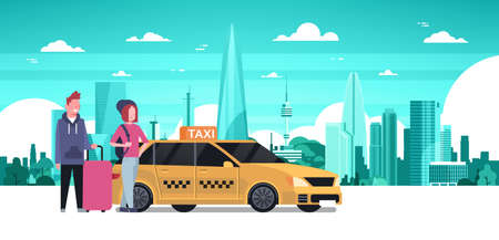 Passengers Couple Order Yellow Taxi Service Sit In Car Cab Over Silhouette City Background Flat Illustrationのイラスト素材