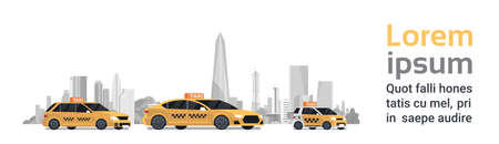 Three Yellow Taxi Car Cabs Over Silhouette City Background With Copy Space Horizontal Banner Flat Vector Illustrationのイラスト素材