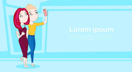 Two Young Girls Take Selfie Photo Using Smart Phone Posing Over Background With Copy Space Vector Illustrationのイラスト素材