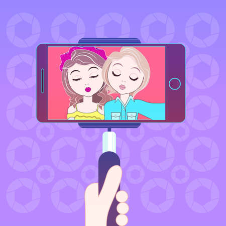 Two Young Girls Take Self Photo Making Duck Face Using Smart Phone And Selfie Stick Vector Illustrationのイラスト素材