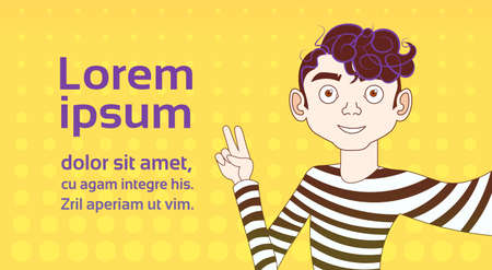 Young Guy Take Selfie Photo Male Portrait Over Background With Copy Space Vector Illustrationのイラスト素材