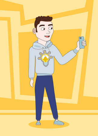 Casual Guy Take Selfie With Smart Phone Posing Make Self Photo Vector Illustrationのイラスト素材
