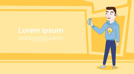 Casual Guy Take Selfie With Smart Phone Posing Make Self Photo Over Background With Copy Space Vector Illustrationのイラスト素材
