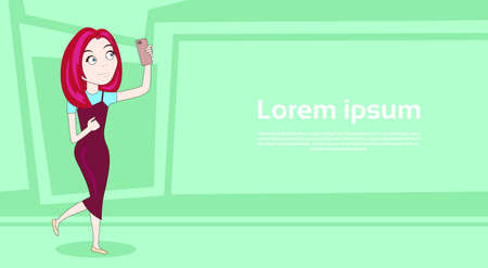 Young Girl Use Smart Phone For Selfie Photo Posing Take Self Portrait Over Background With Copy Space Vector Illustrationのイラスト素材