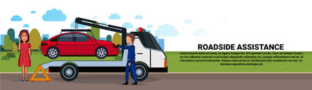 Roadside Assistance Towing Broken Car Over Driver Woman Calling In Insurance Service Horizontal Banner Flat Vector Illustrationのイラスト素材