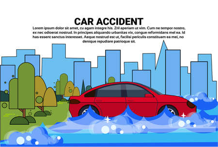 Vehicle Trying To Drive Against Flood Water In Street Flooded Car Accident Vector Illustrationのイラスト素材