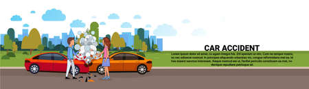 Car Accident On Road Vehicle Collision With Male And Female Driver Horizontal Banner Vector Illustrationのイラスト素材