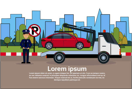 Car In Towing Away Zone Of Parking Vehicle Evacuation View Flat Vector Illustrationのイラスト素材