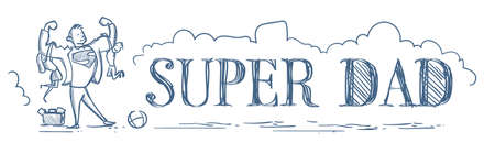 Super Dad Holding Kids Son And Daughter Doodle Horizontal Banner Happy Father Day Concept Vector Illustrationのイラスト素材