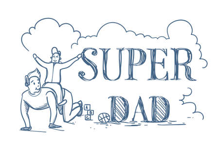 Super Dad Doodle Poster With Man Riding Son On Back On White Background Happy Father Day Concept Vector Illustrationのイラスト素材