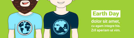Earth Day Poster With Closeup Of Two Hipster Man Wearing T-Shirts With Globe Image Planet Protection Concept Flat Vector Illustrationのイラスト素材