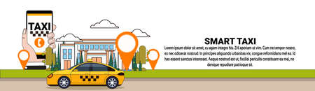 Smart Taxi Service Horizontal Banner Mobile App Of Cab Order Concept Flat  Illustrationのイラスト素材