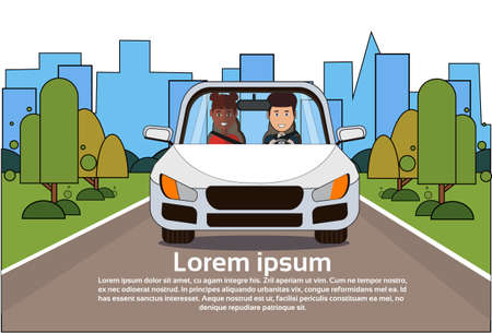 Car With Man And Woman On Road Over Silhouette City Background Flat Vector Illustrationのイラスト素材