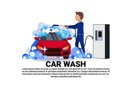 Car wash Service Icon With Worker Cleaning Vehicle Over Copy Space Background Flat Vector Illustrationのイラスト素材