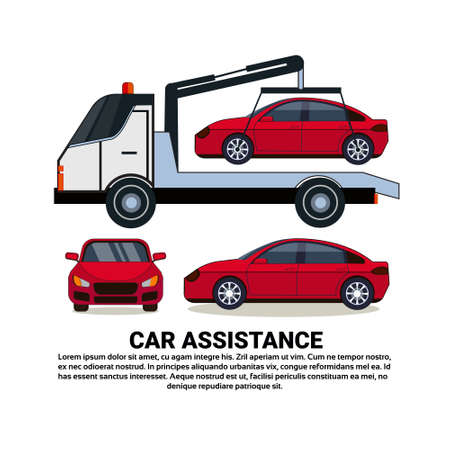 Car Assistance Banner With Car Tow Broken Vehicle Over White Copy Space Background Flat  Illustrationのイラスト素材