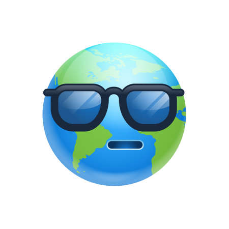 Cartoon Earth Face Sad Emotion Icon Funny Planet In Sun Glasses Expression Isolated Flat Vector Illustrationのイラスト素材