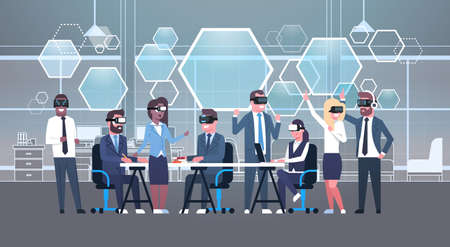 Business People Group Wearing Vr Headset During Brainstorming, Team In 3d Glasses On Meeting Virtual Reality Technology Concept Flat Vector Illustrationのイラスト素材